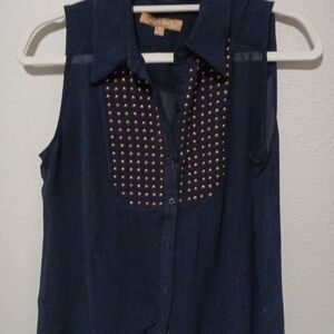 Ellen Tracy Navy Blouse with Gold Accents